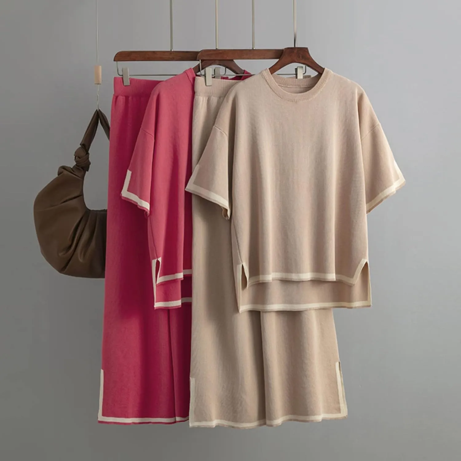 Women's Knitted Two Piece Suit Knit Pullover Pullover Tops Wide Leg Pants 2 Piece Outfits Loungewear Casual Sweatsuit (Hot Pink, One Size)