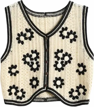 Women's Knitted Vest Sleeveless V-Neck Cardigan Button Printed Short Vest