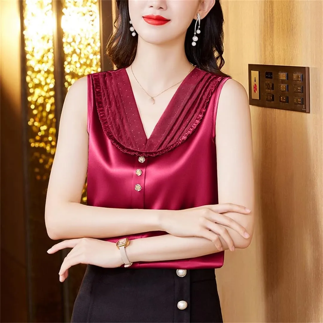 Women's Lace Tank Top Spring Summer Silk Satin Vest Shirt V Neck Sleeveless Camisole