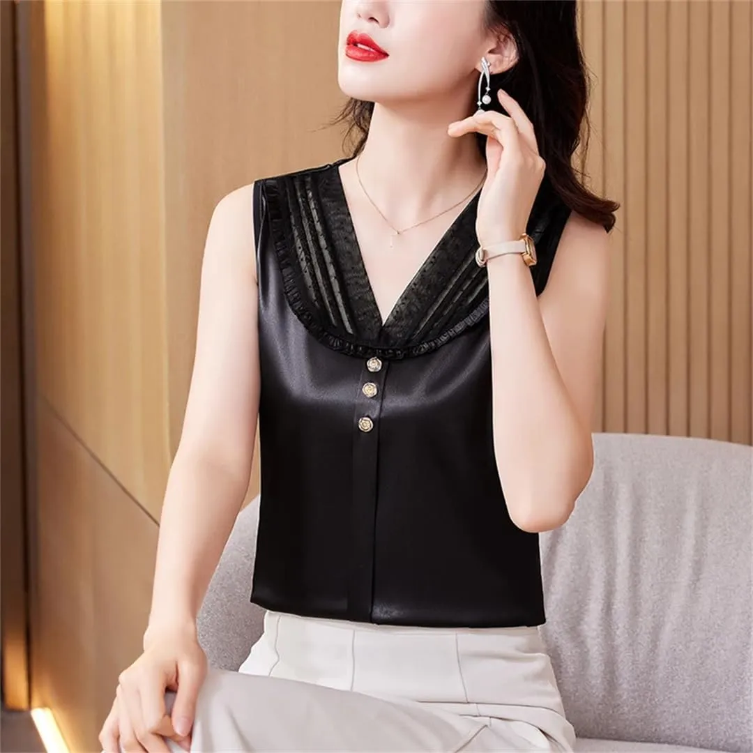 Women's Lace Tank Top Spring Summer Silk Satin Vest Shirt V Neck Sleeveless Camisole