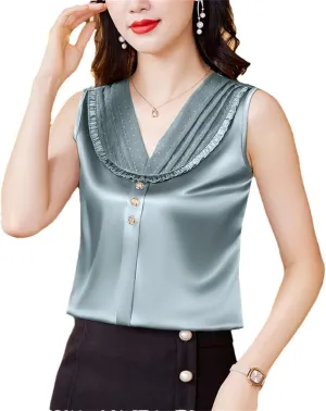 Women's Lace Tank Top Spring Summer Silk Satin Vest Shirt V Neck Sleeveless Camisole