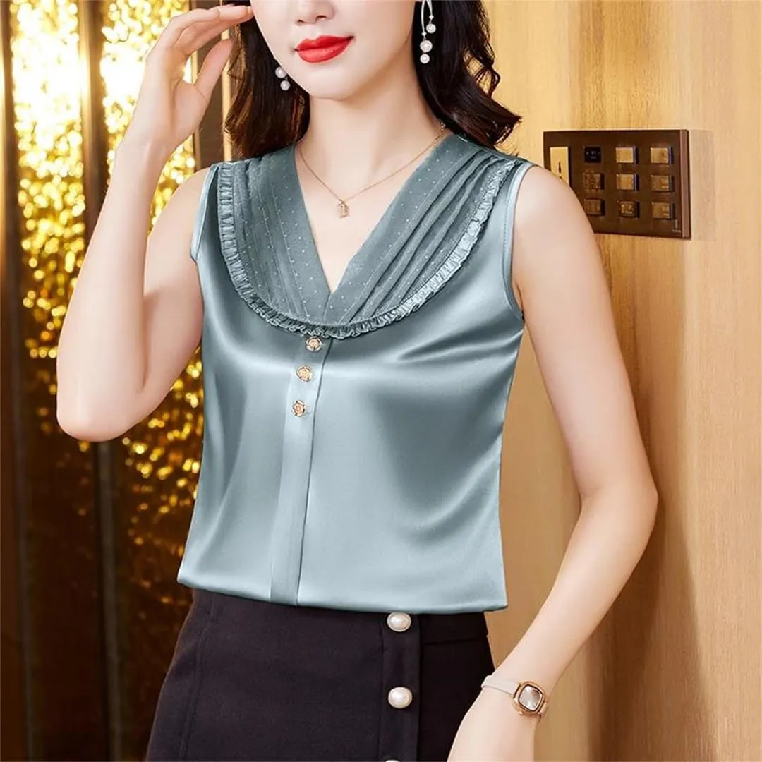 Women's Lace Tank Top Spring Summer Silk Satin Vest Shirt V Neck Sleeveless Camisole