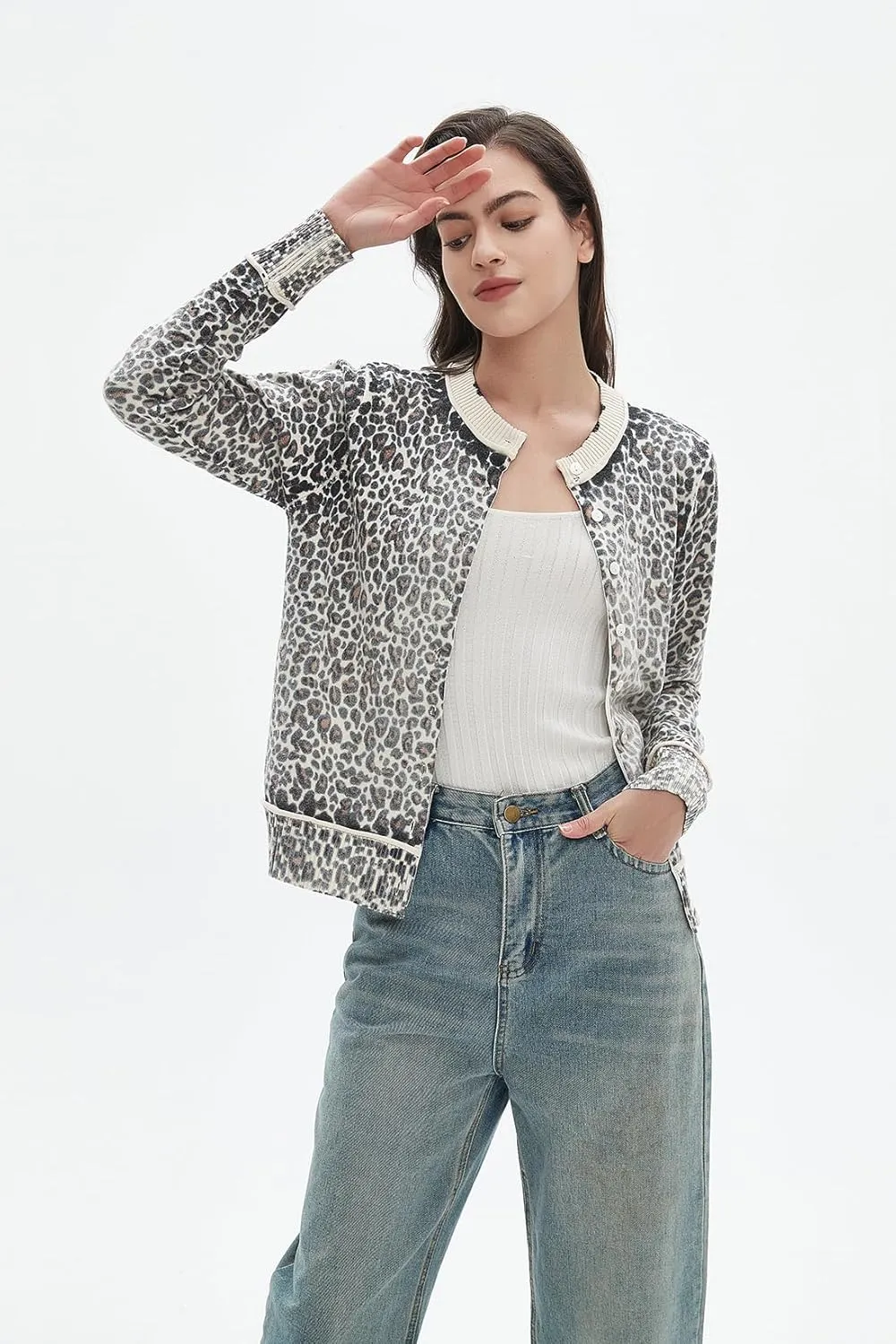 Women's Leopard Knit Cardigan Cropped Front Button Sweater Long Sleeves Casual Crewneck Cardigan Sweater Outerwear