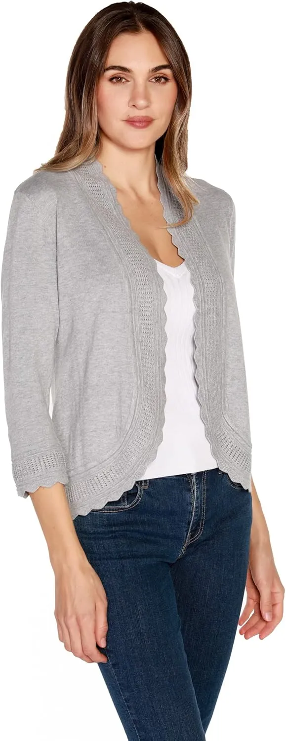 Women's Lightweight Cardigan Shrug with 3/4 Sleeves and Scalloped Edging