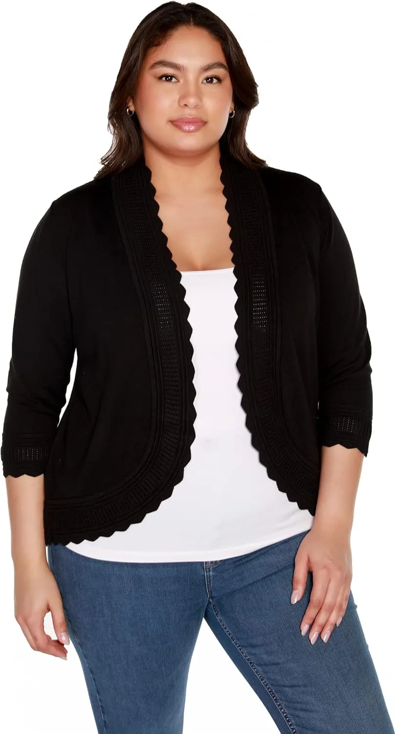 Women's Lightweight Cardigan Shrug with 3/4 Sleeves and Scalloped Edging