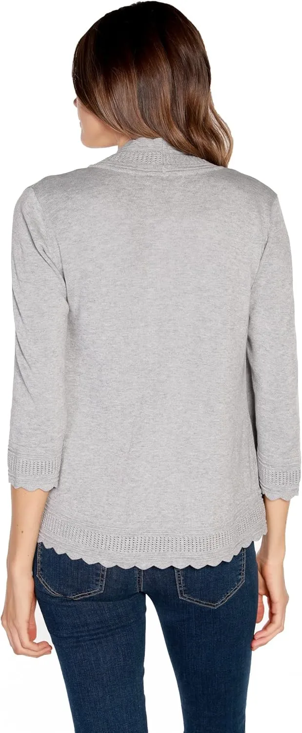 Women's Lightweight Cardigan Shrug with 3/4 Sleeves and Scalloped Edging