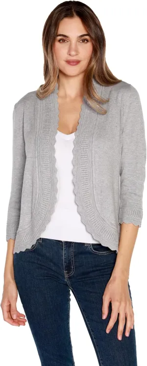 Women's Lightweight Cardigan Shrug with 3/4 Sleeves and Scalloped Edging