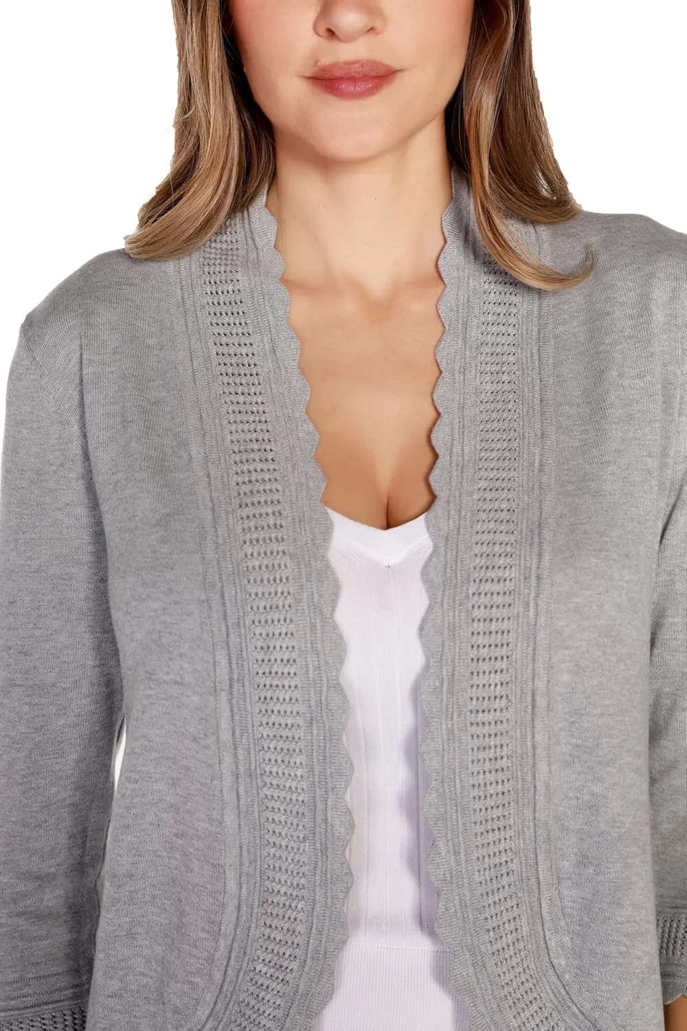 Women's Lightweight Cardigan Shrug with 3/4 Sleeves and Scalloped Edging