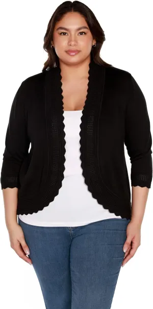 Women's Lightweight Cardigan Shrug with 3/4 Sleeves and Scalloped Edging