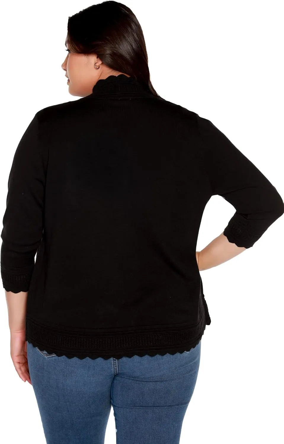 Women's Lightweight Cardigan Shrug with 3/4 Sleeves and Scalloped Edging