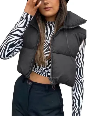 Women's Lightweight Cropped Puffer Vest Quilted Padded Zip Up Sleeveless Jacket