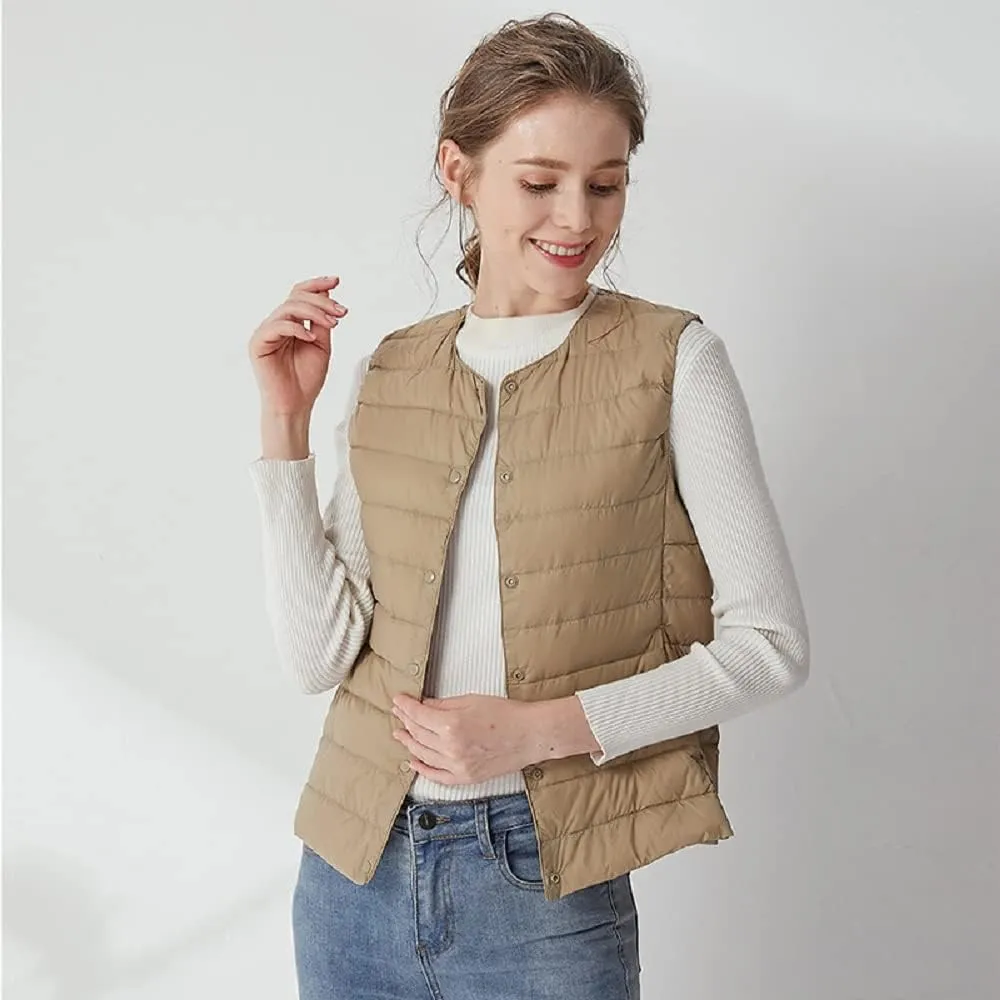 Women's Lightweight Down Vest Crewneck Button Down Packable Puffer Vest Ultra Light Slim Fit Sleeveless Waistcoat