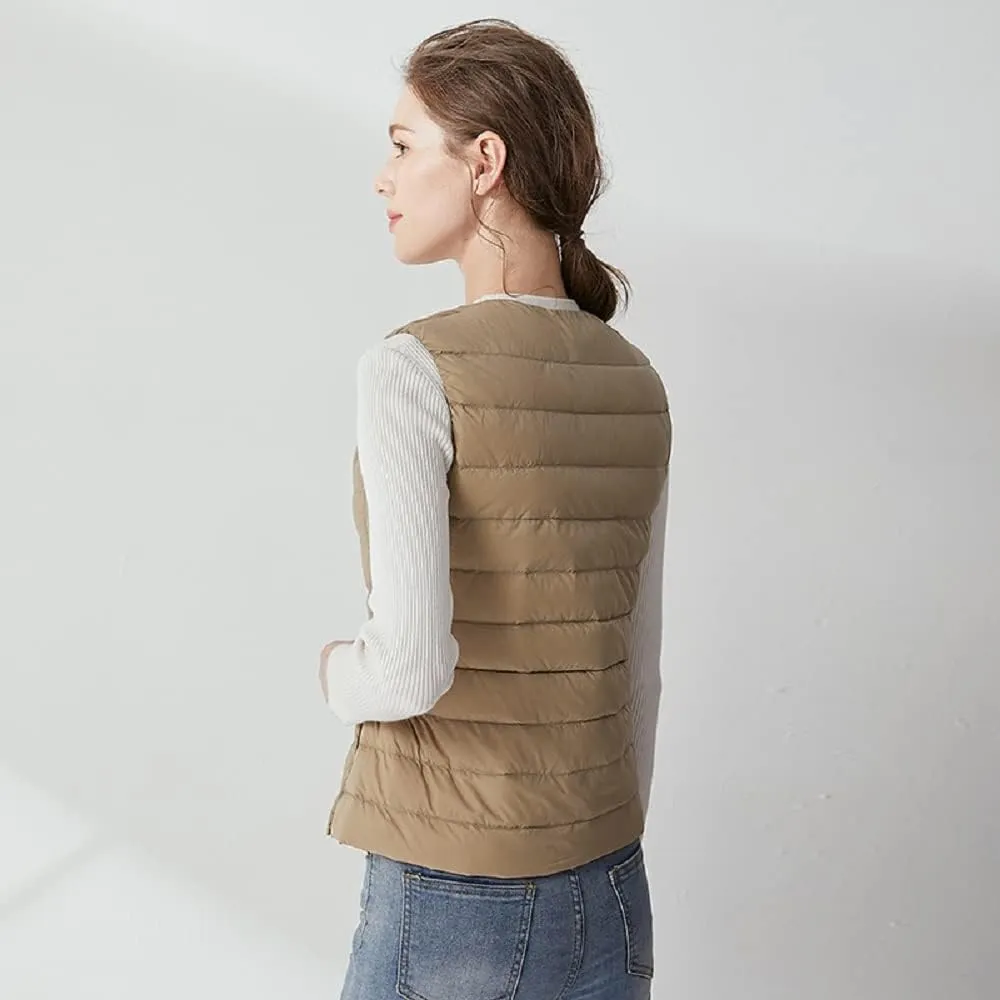 Women's Lightweight Down Vest Crewneck Button Down Packable Puffer Vest Ultra Light Slim Fit Sleeveless Waistcoat