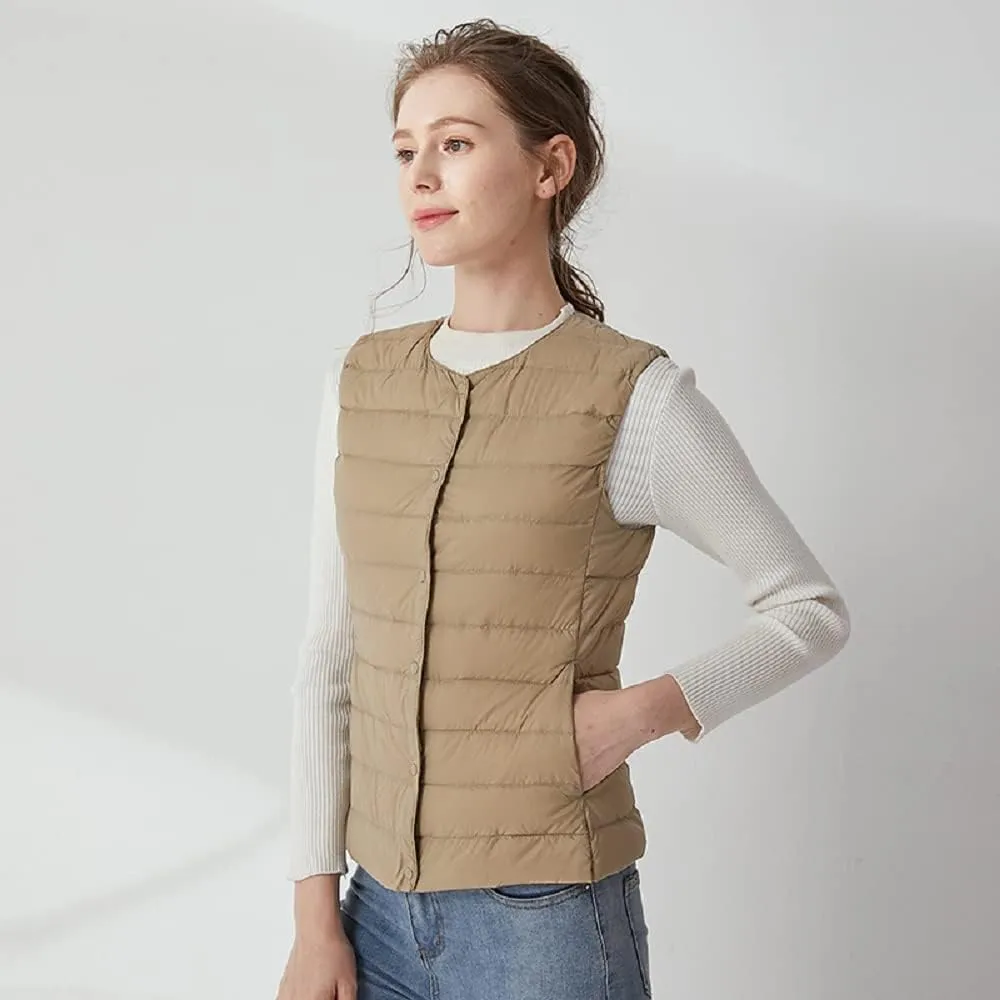 Women's Lightweight Down Vest Crewneck Button Down Packable Puffer Vest Ultra Light Slim Fit Sleeveless Waistcoat