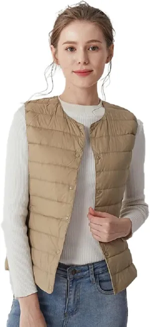 Women's Lightweight Down Vest Crewneck Button Down Packable Puffer Vest Ultra Light Slim Fit Sleeveless Waistcoat