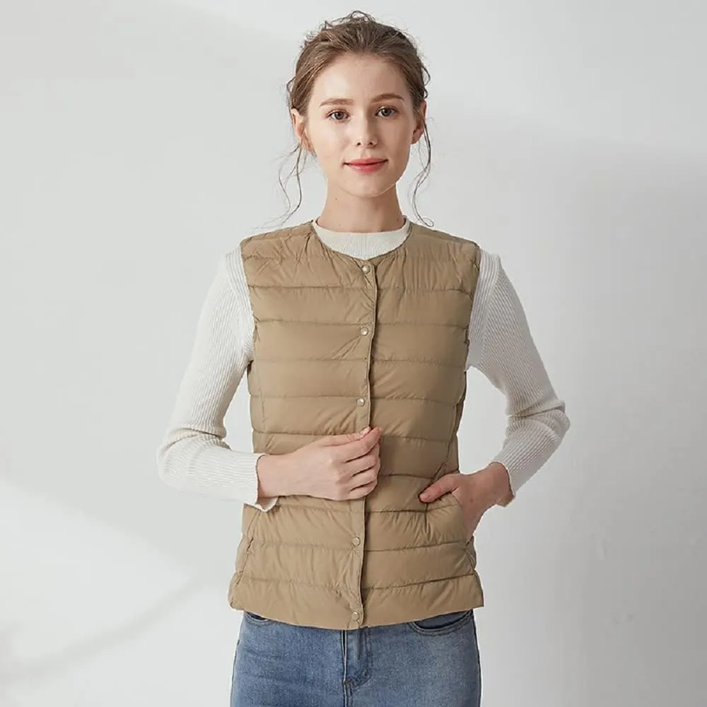 Women's Lightweight Down Vest Crewneck Button Down Packable Puffer Vest Ultra Light Slim Fit Sleeveless Waistcoat