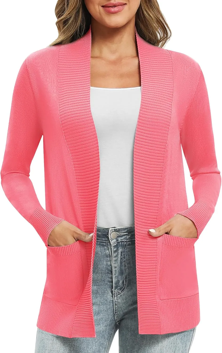 Women's Lightweight Long Sleeve Knit Cardigan with Pockets Open Front Casual Sweater for Spring Fall