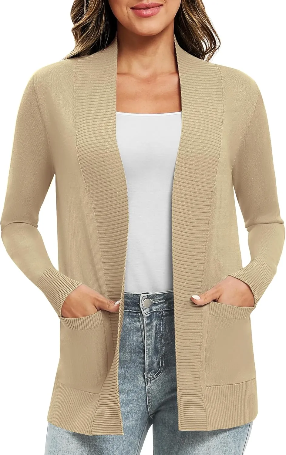 Women's Lightweight Long Sleeve Knit Cardigan with Pockets Open Front Casual Sweater for Spring Fall