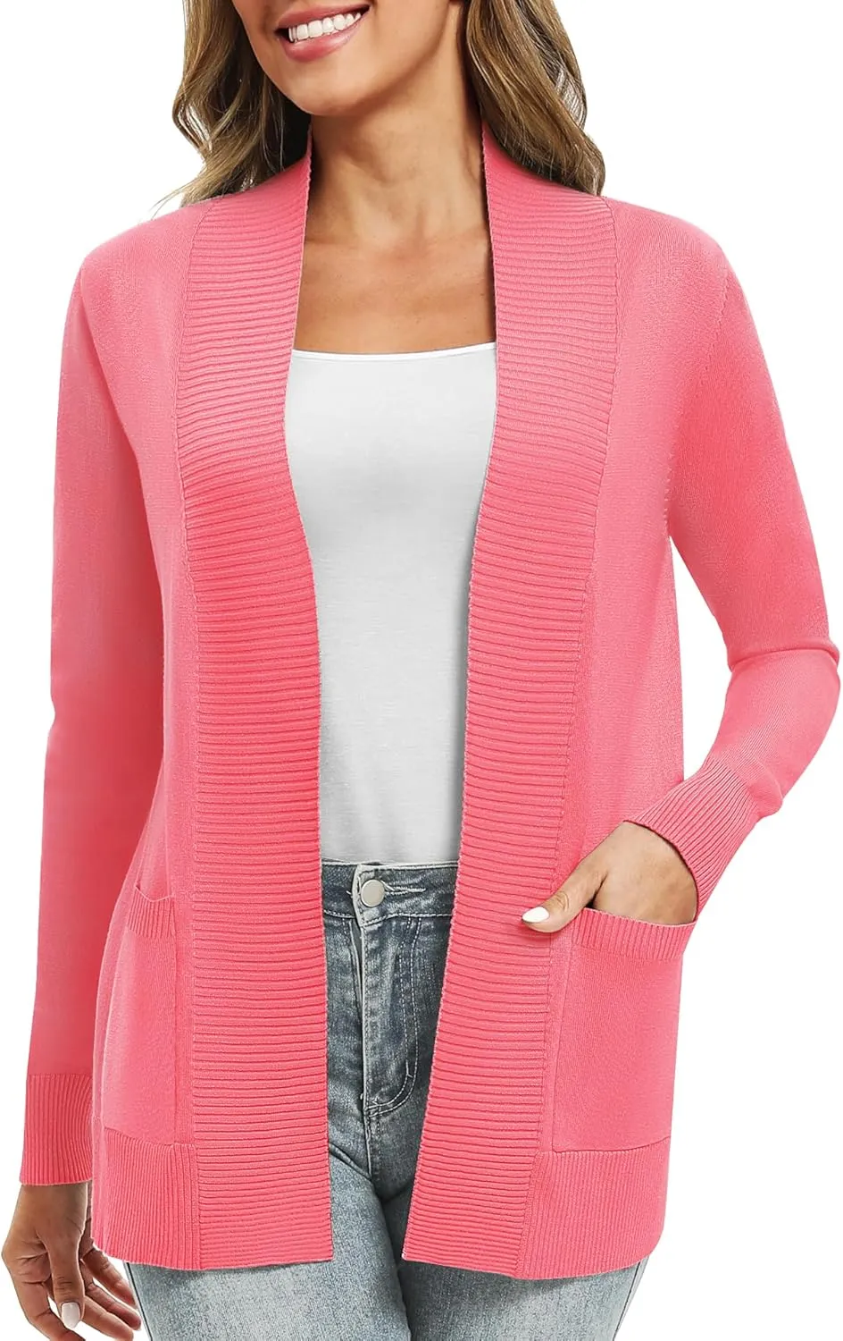 Women's Lightweight Long Sleeve Knit Cardigan with Pockets Open Front Casual Sweater for Spring Fall