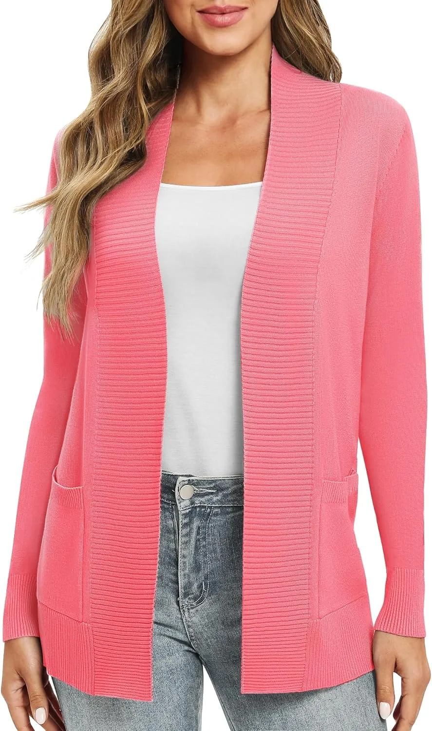 Women's Lightweight Long Sleeve Knit Cardigan with Pockets Open Front Casual Sweater for Spring Fall