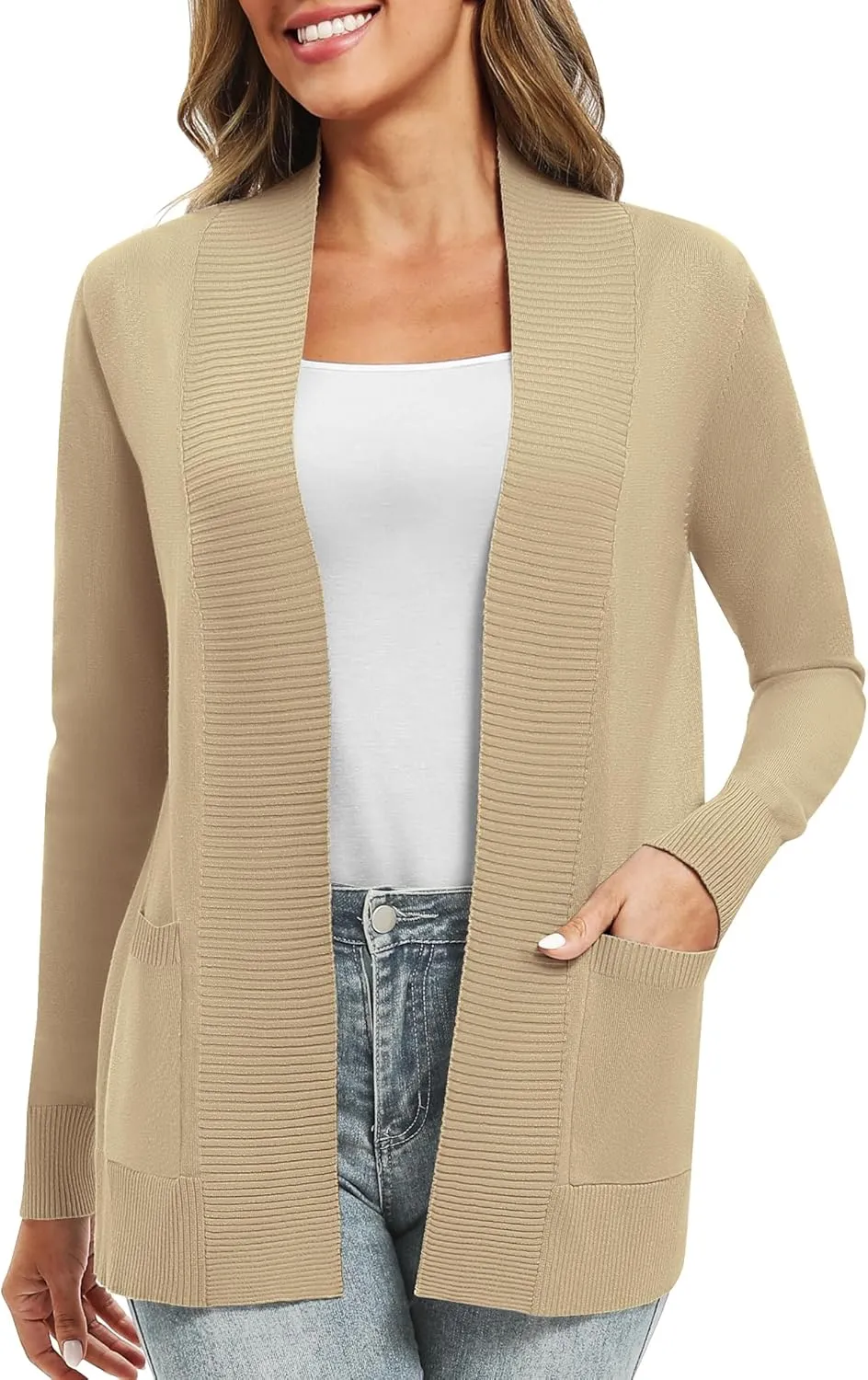 Women's Lightweight Long Sleeve Knit Cardigan with Pockets Open Front Casual Sweater for Spring Fall