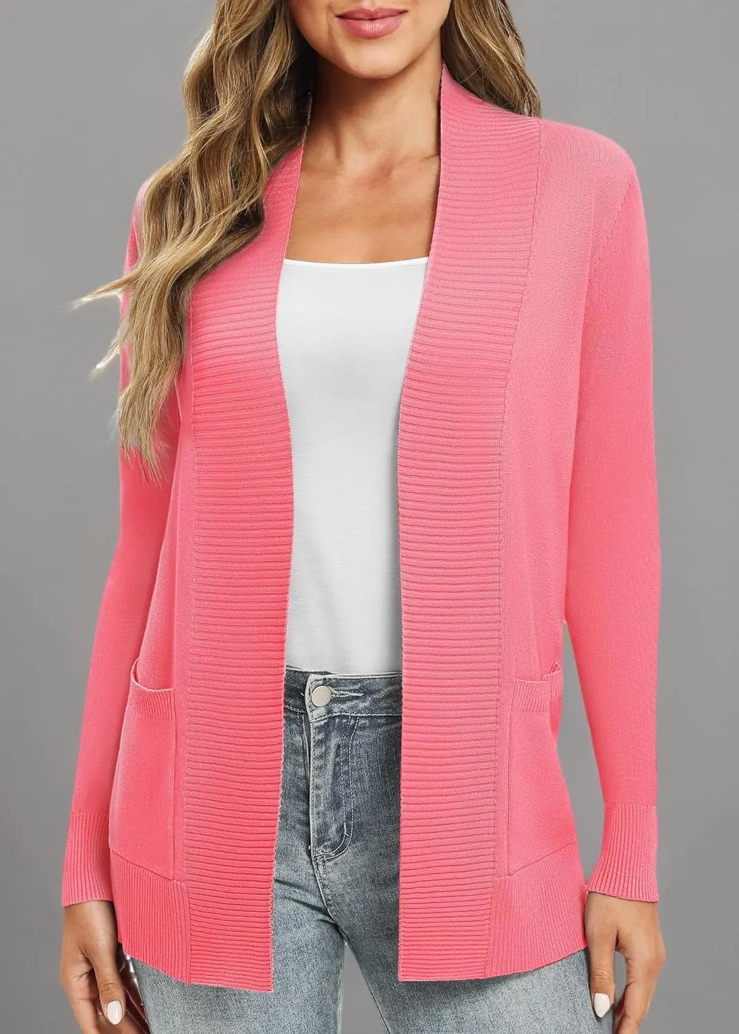 Women's Lightweight Long Sleeve Knit Cardigan with Pockets Open Front Casual Sweater for Spring Fall