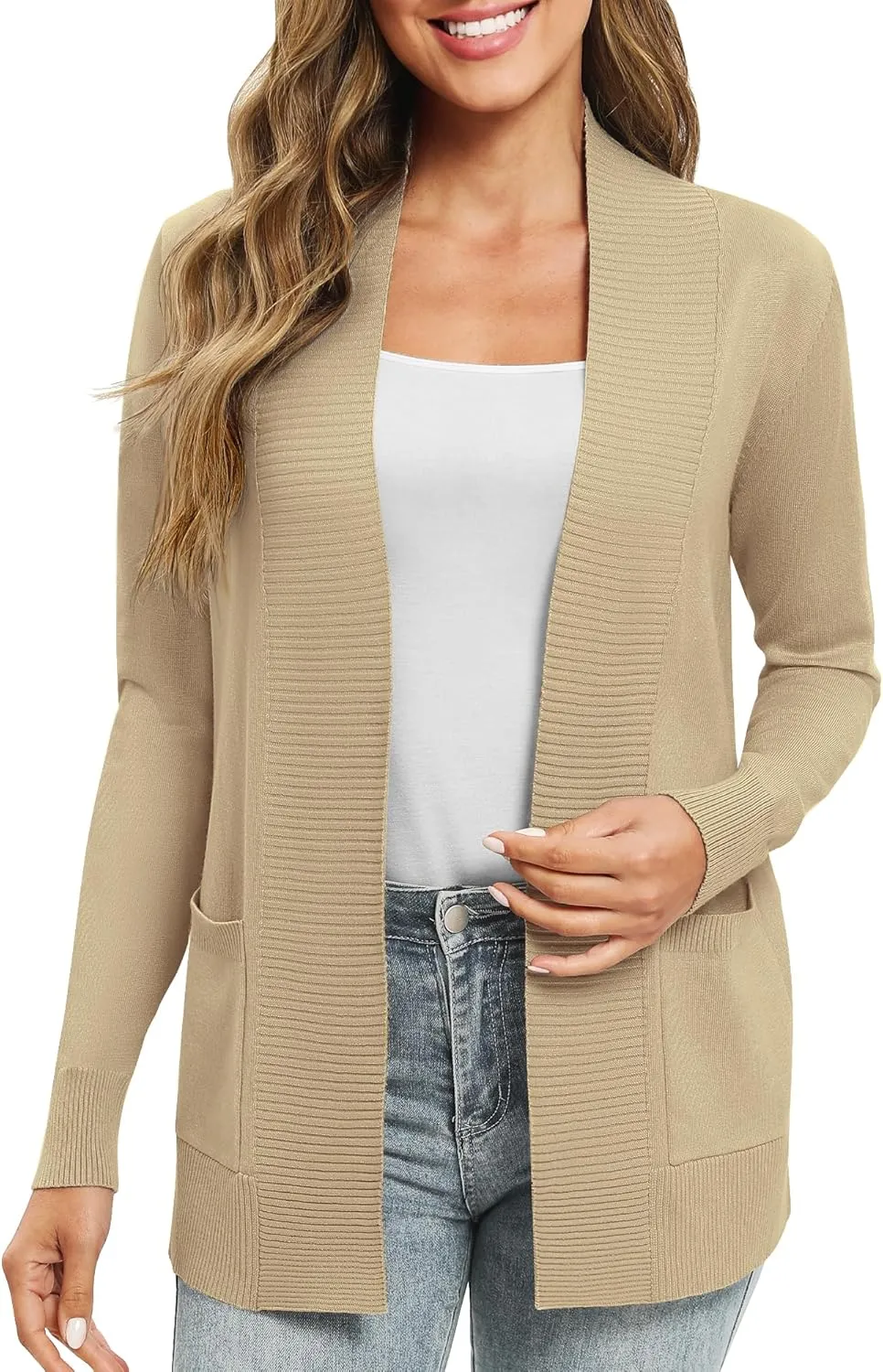 Women's Lightweight Long Sleeve Knit Cardigan with Pockets Open Front Casual Sweater for Spring Fall