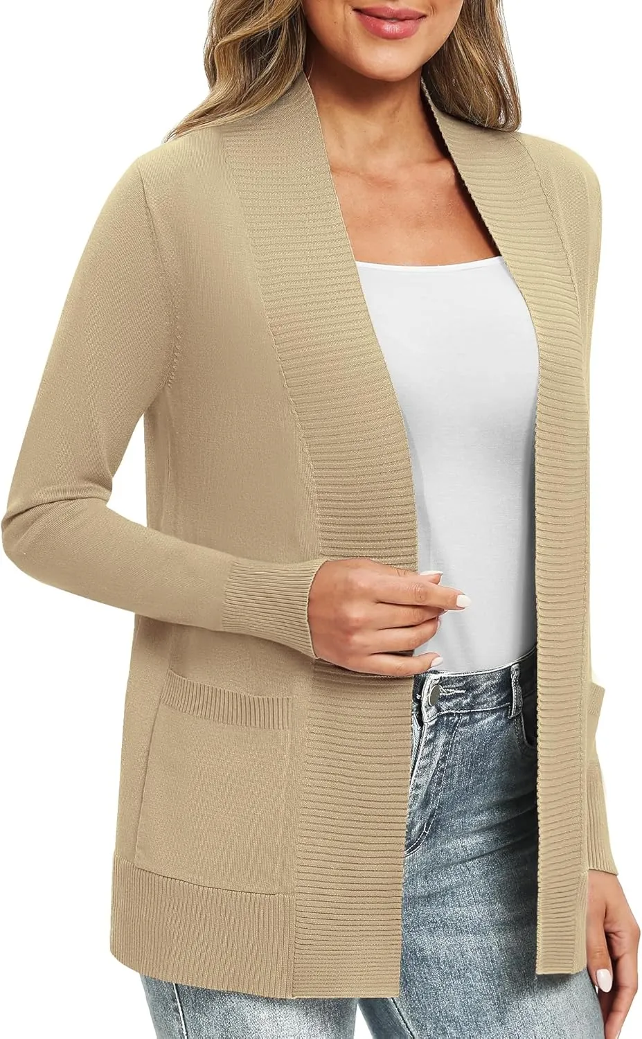 Women's Lightweight Long Sleeve Knit Cardigan with Pockets Open Front Casual Sweater for Spring Fall