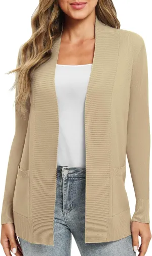 Women's Lightweight Long Sleeve Knit Cardigan with Pockets Open Front Casual Sweater for Spring Fall
