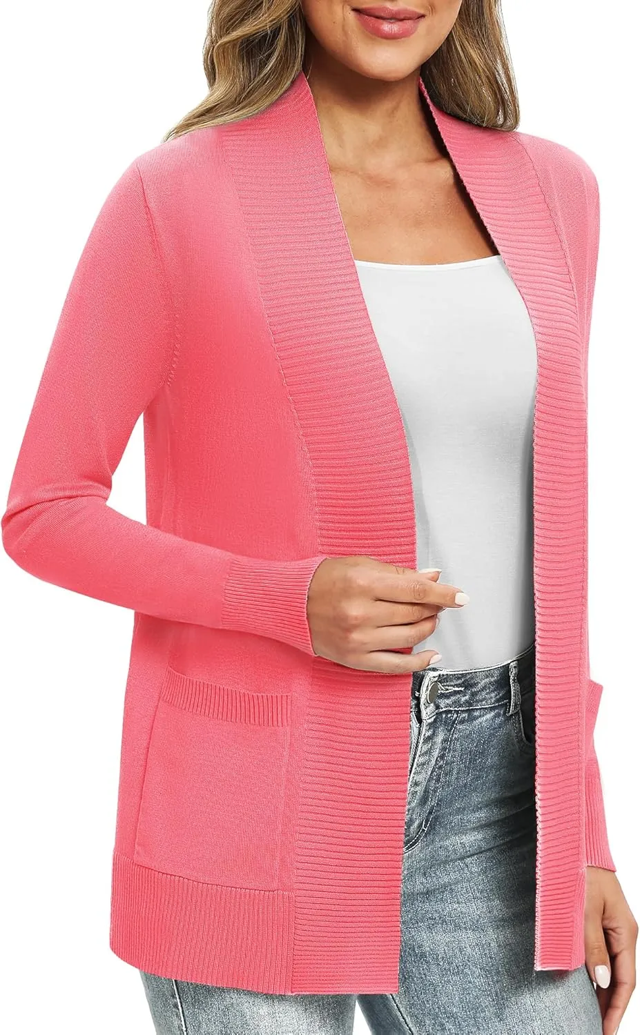 Women's Lightweight Long Sleeve Knit Cardigan with Pockets Open Front Casual Sweater for Spring Fall