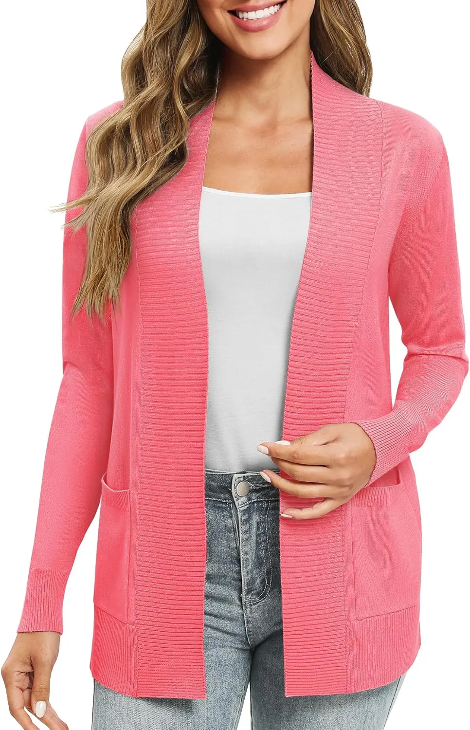 Women's Lightweight Long Sleeve Knit Cardigan with Pockets Open Front Casual Sweater for Spring Fall
