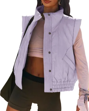 Women's Lightweight Puffer Vest Button Down Crop Qulited Vest Coat Stand Collar Sleeveless Padded Gilet With Pockets