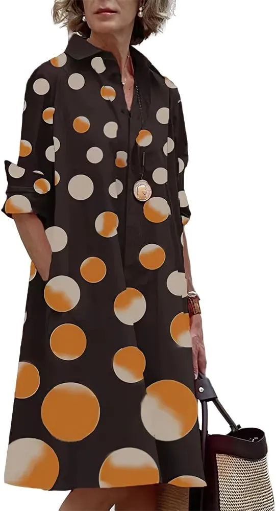 Womens Linen Long Sleeve Simple Printed Button Down Shirt Dress Plus Size Loose Shirt Dresses for Women with 2 Pockets