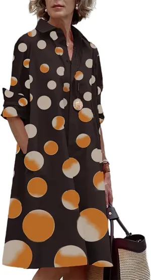 Womens Linen Long Sleeve Simple Printed Button Down Shirt Dress Plus Size Loose Shirt Dresses for Women with 2 Pockets