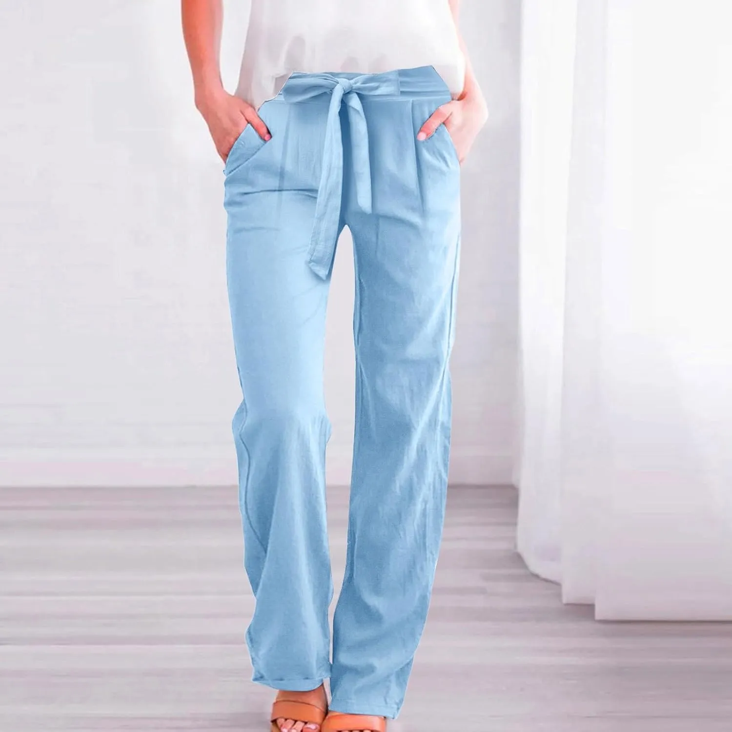 Womens Linen Summer Drawstring Pant Trousers Elastic Waisted Wide Leg Loose Fit Pants Beach