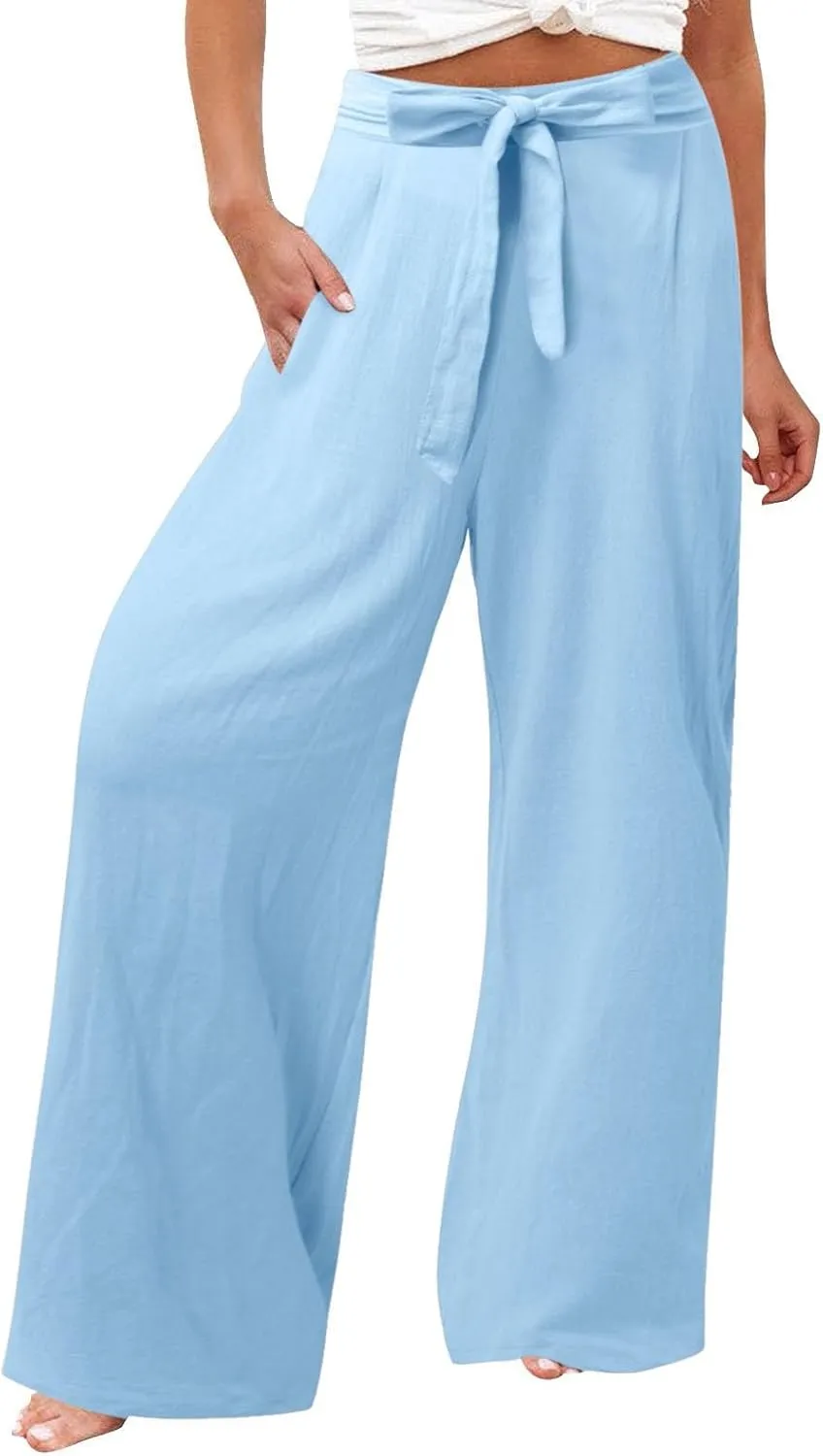 Womens Linen Summer Drawstring Pant Trousers Elastic Waisted Wide Leg Loose Fit Pants Beach