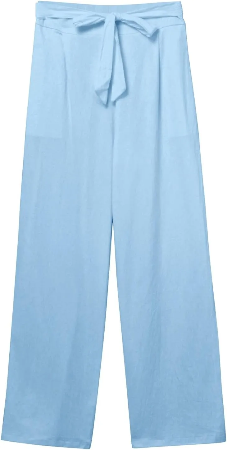 Womens Linen Summer Drawstring Pant Trousers Elastic Waisted Wide Leg Loose Fit Pants Beach