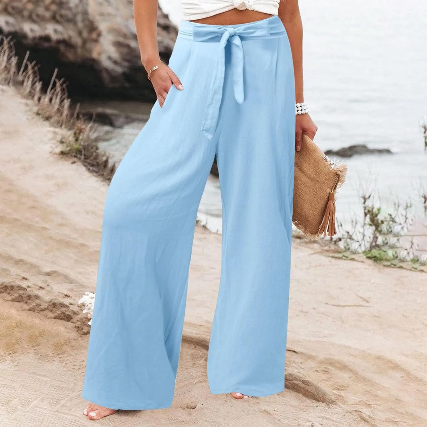 Womens Linen Summer Drawstring Pant Trousers Elastic Waisted Wide Leg Loose Fit Pants Beach