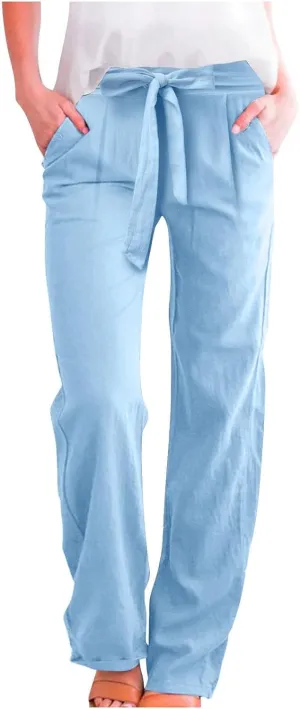 Womens Linen Summer Drawstring Pant Trousers Elastic Waisted Wide Leg Loose Fit Pants Beach