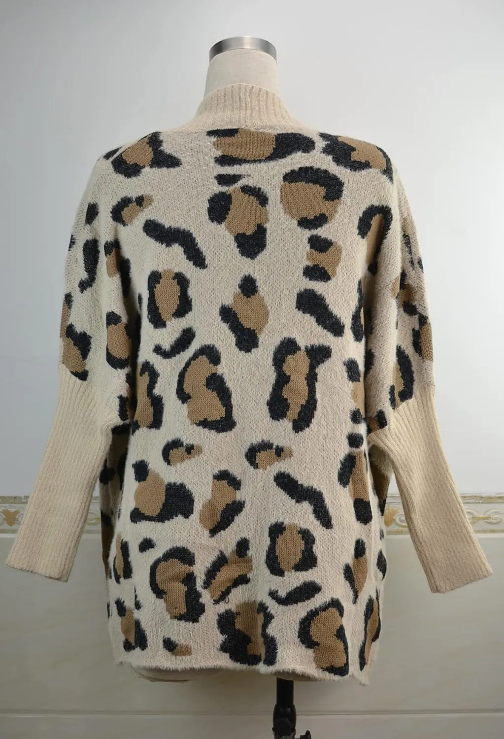 Women's Long Sleeves Open Front Casual Leopard Print Fuzzy Knitted Sweater Cardigan Coat Outwear