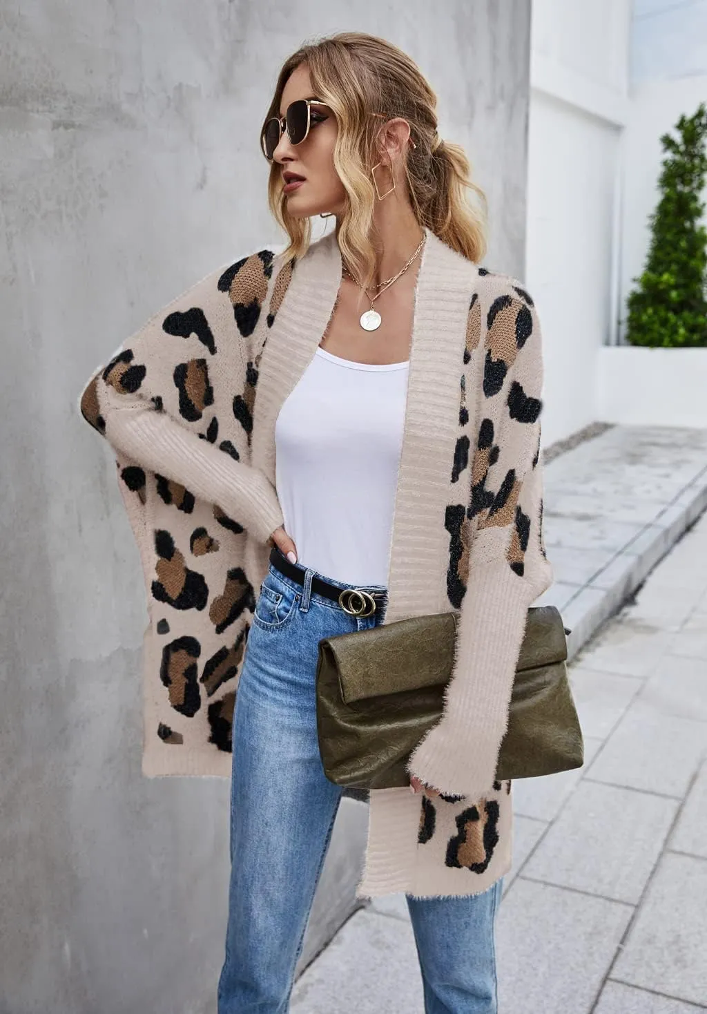 Women's Long Sleeves Open Front Casual Leopard Print Fuzzy Knitted Sweater Cardigan Coat Outwear