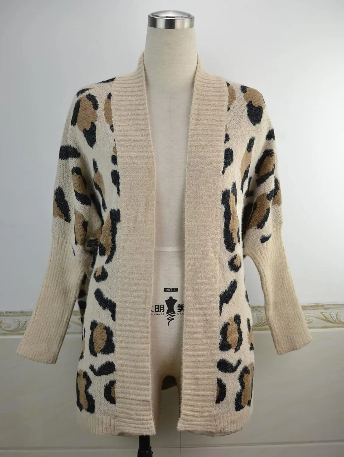 Women's Long Sleeves Open Front Casual Leopard Print Fuzzy Knitted Sweater Cardigan Coat Outwear