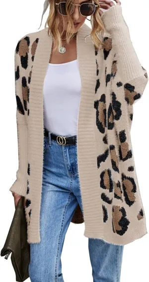 Women's Long Sleeves Open Front Casual Leopard Print Fuzzy Knitted Sweater Cardigan Coat Outwear