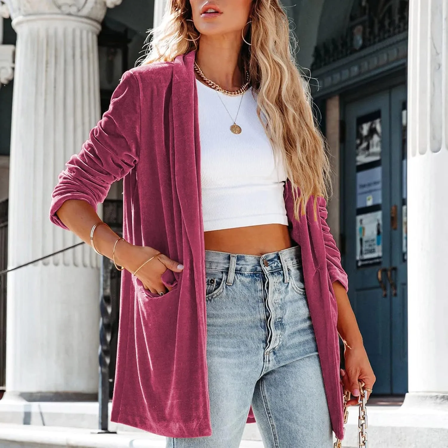 Women's Long Velvet Cardigan Long Sleeve Vintage Open Front Outerwear Coat Fashion Wild Trench Coat