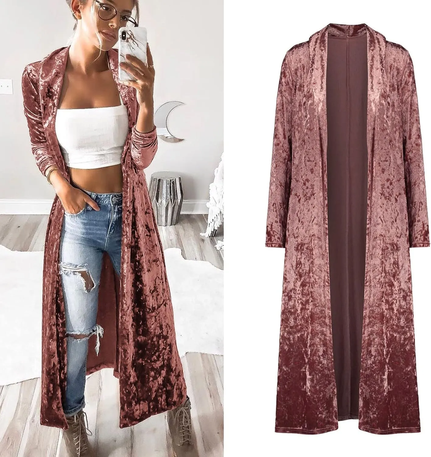 Women's Long Velvet Cardigan Long Sleeve Vintage Open Front Outerwear Coat Fashion Wild Trench Coat