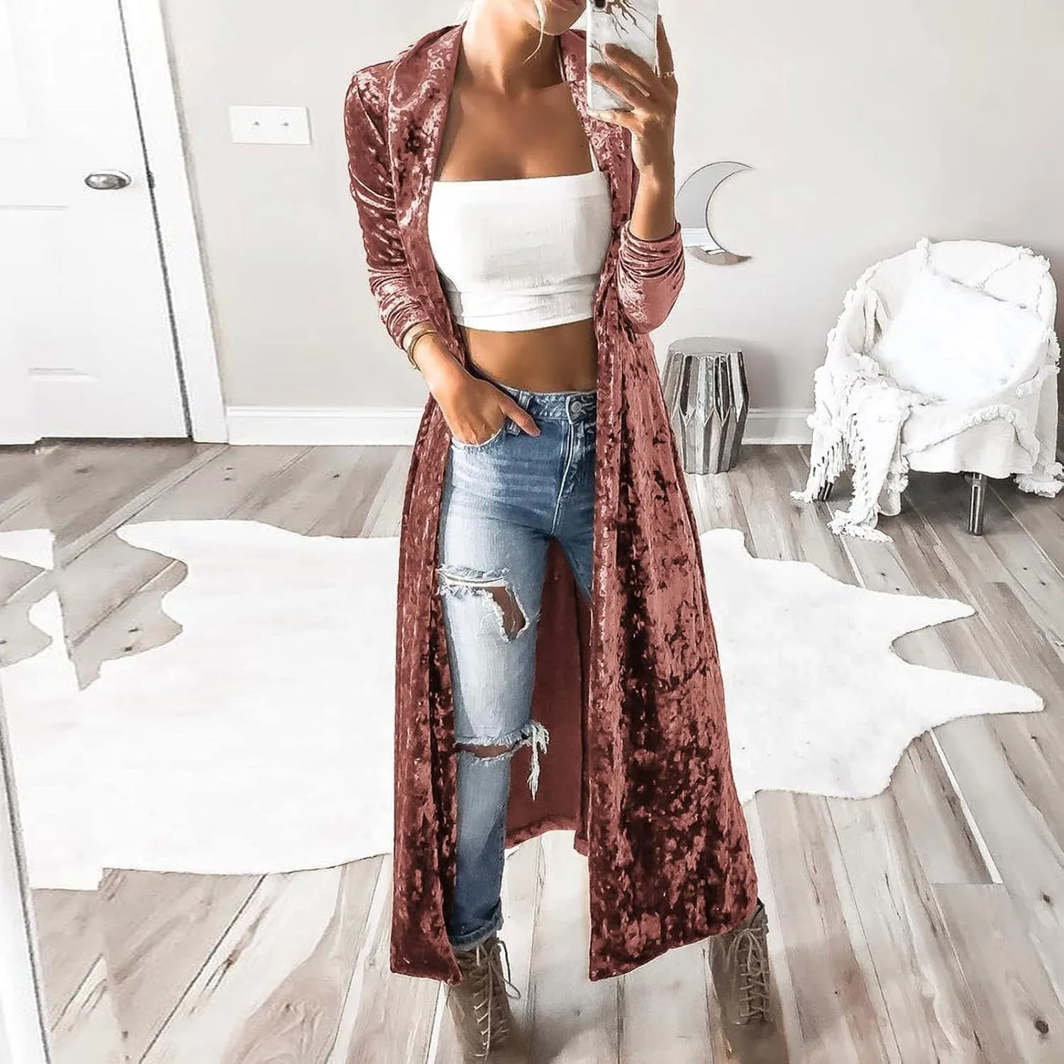 Women's Long Velvet Cardigan Long Sleeve Vintage Open Front Outerwear Coat Fashion Wild Trench Coat