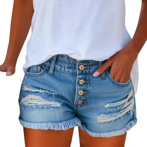 Womens Mid-High Waisted 2025 Summer Ripped Denim Jean Shorts Cutoff Stretchy Hot Short Pants