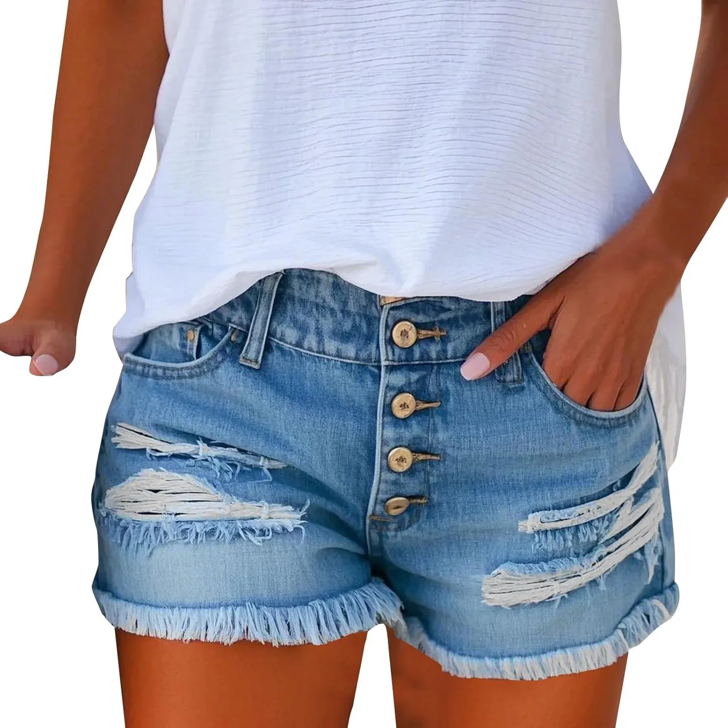 Womens Mid-High Waisted 2025 Summer Ripped Denim Jean Shorts Cutoff Stretchy Hot Short Pants