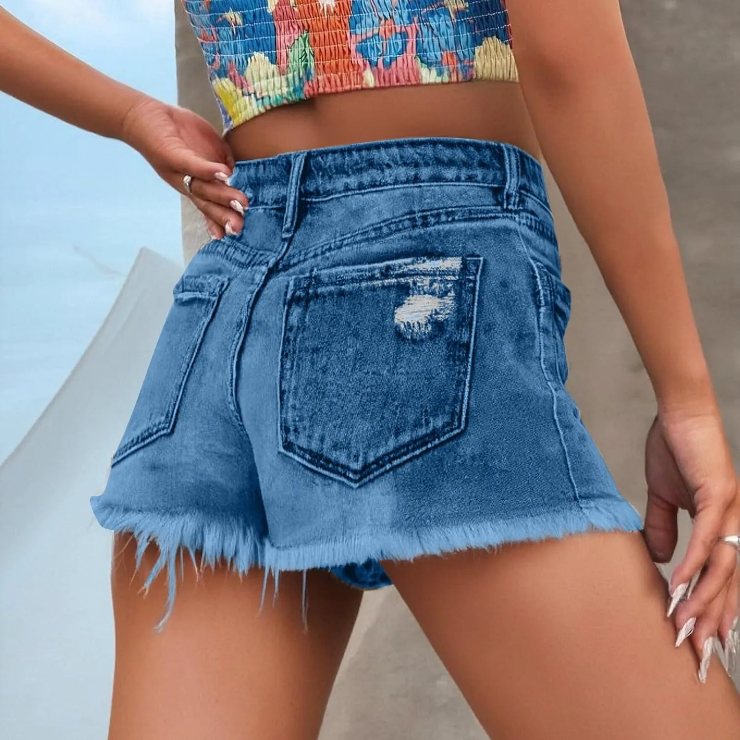 Womens Mid-High Waisted 2025 Summer Ripped Denim Jean Shorts Cutoff Stretchy Hot Short Pants