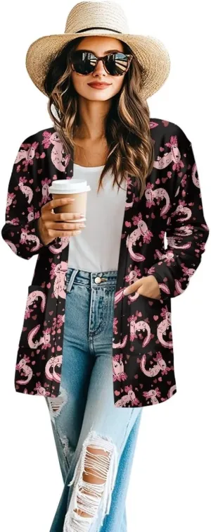 Womens Open Front Cardigan Long Sleeve Loose Cardigans Animal Print Sweater Lightweight Jacket Tops